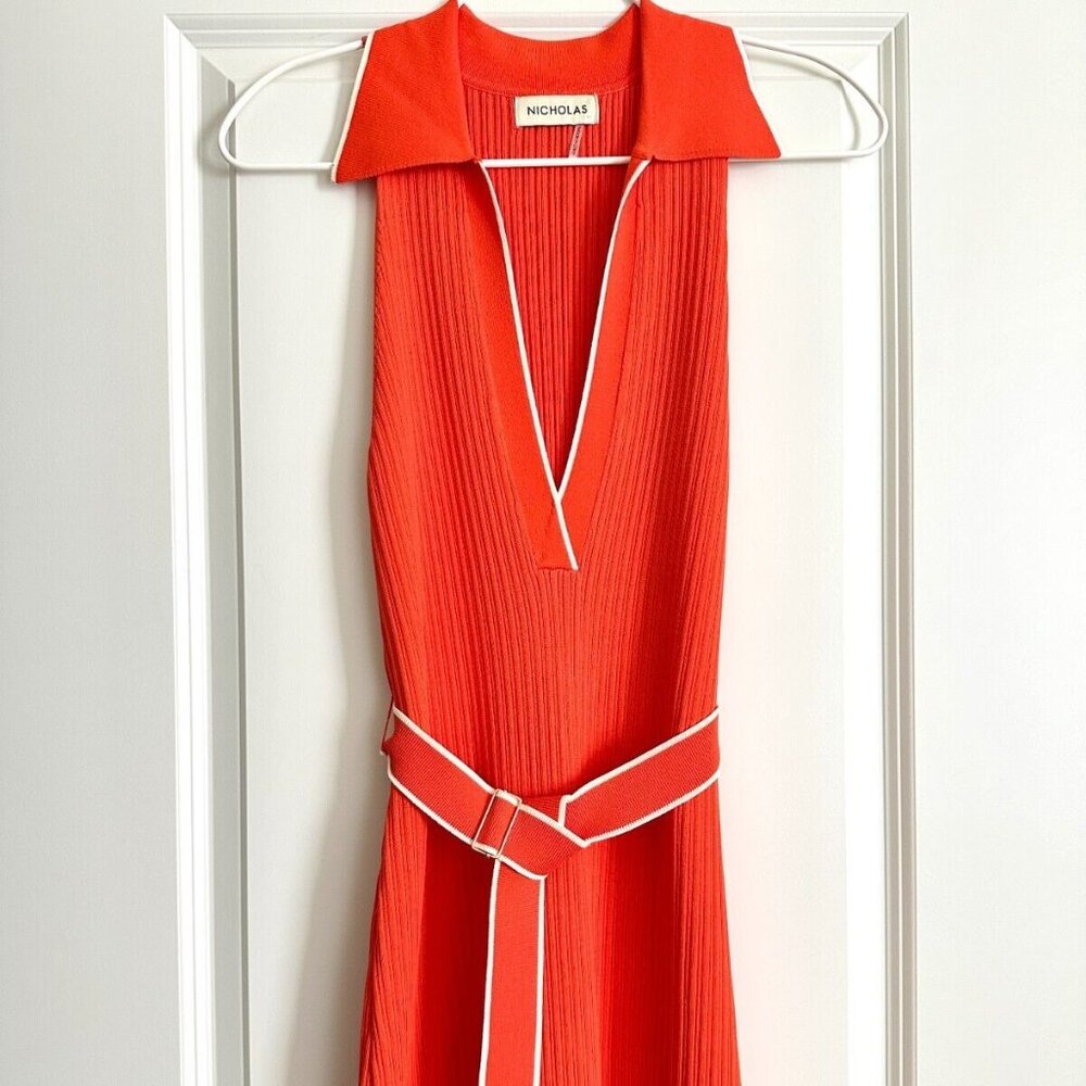 Bright NEW NICHOLAS Sleeveless Belted Ribbed Polo Maxi Dress in Orange Size M